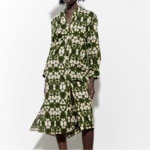 Zara Olive and Cream Long Sleeve Dress